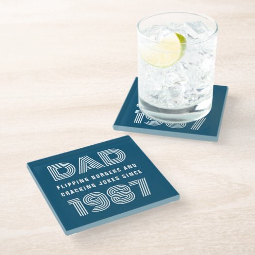 Dad Personalized Year Grill Master BBQ Teal Blue Glass Coaster
