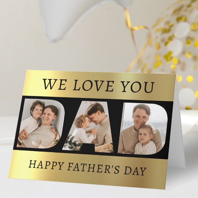 Dad Photo Collage Black & Gold Father's Day Thank You Card (Creator Uploaded)