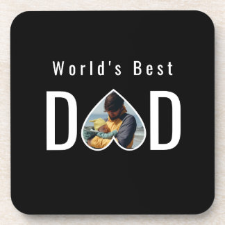 Dad Photo in Black Heart Frame Modern Text Beverage Coaster
