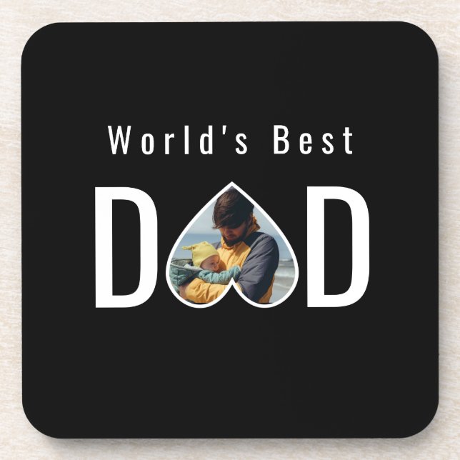 Dad Photo in Black Heart Frame Modern Text Beverage Coaster (Front)