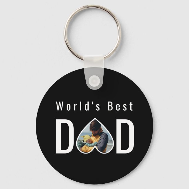 Dad Photo in Black Heart Frame Modern Text Keychain (Front)