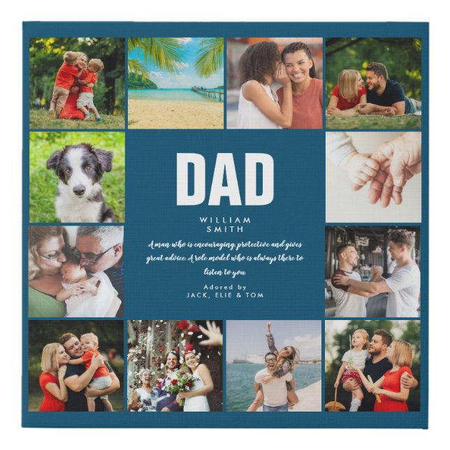 Dad Quote Modern Blue 12 Photo Collage Faux Canvas Print (Front)