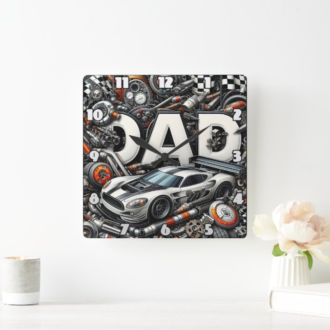 Dad: Racing, Cars, Mechanic's Dream Square Wall Clock (Home)