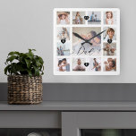 Dad Script Family Memory Photo Grid Collage Square Wall Clock<br><div class="desc">A beautiful personalized gift for your Dad that he'll cherish for years to come. Features a modern thirteen photo grid collage layout to display 13 of your own special family photo memories. "Dad" designed in a beautiful handwritten black script style. Each photo is framed with a simple gold-colored frame. Simple...</div>