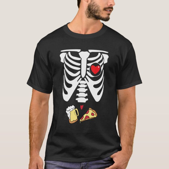 Dad Skeleton Halloween Beer Pizza  Pregnancy Coupl T-Shirt (Front)