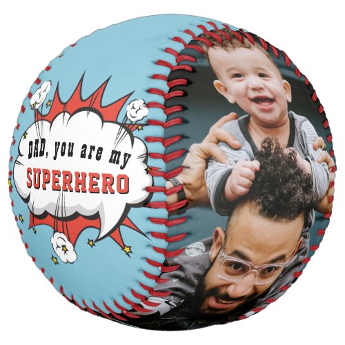 Dad Superhero Cartoon Father`s day 2 Photo Softball - Fun Dad Superhero Cartoon Speech Bubble Father`s day 2 Photos Softball. Add 2 photos and customize the message.