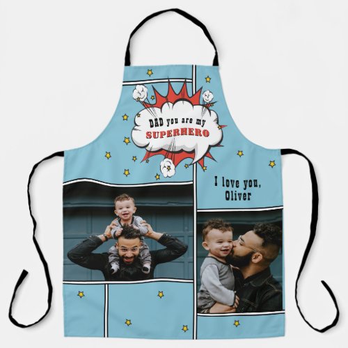 Dad Superhero Comic Speech Bubble 2 Photo Apron - Dad Superhero Comic Speech Bubble 2 Photo Apron. Add your photo and customize the message and name. Personalized apron - fun and sweet keepsake for the best dad for Father`s Day, birthday and Christmas.