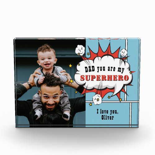 Dad Superhero Comic Speech Bubble Photo Block -  Dad Superhero Comic Speech Bubble Photo Father`s day Photo Block. Add your photo and customize the message and name. Fun and sweet keepsake for the best dad.