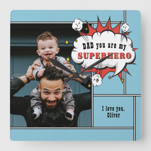 Dad Superhero Comic Speech Bubble Photo Square Wall Clock