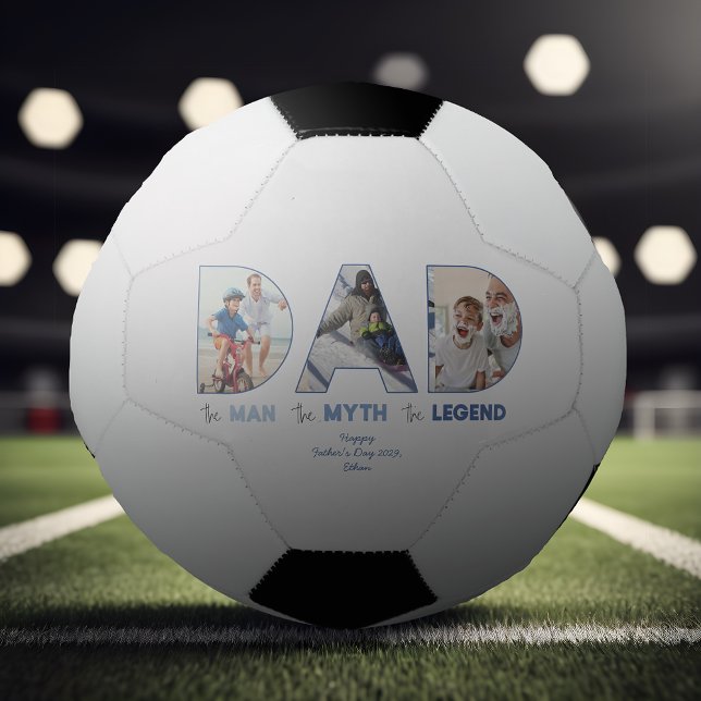 DAD The Man Myth Legend Blue Gradient Photo Soccer Ball (Easily personalize this DAD the Man Soccer ball with your photos & text for a gift he'll love)