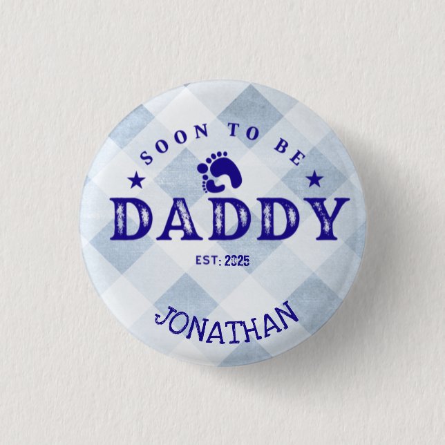 Dad to Be Year Name Blue Plaid Button (Front)