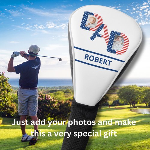 DAD Two Photos Name Red White and Blue Golf Head Cover