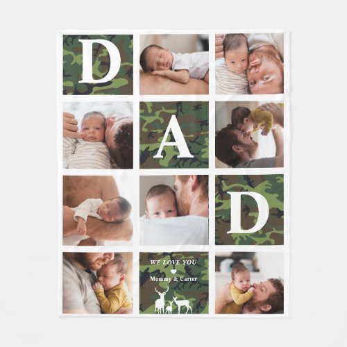 Dad We Love You  Modern 8 Photo Green Camo Deer Fleece Blanket