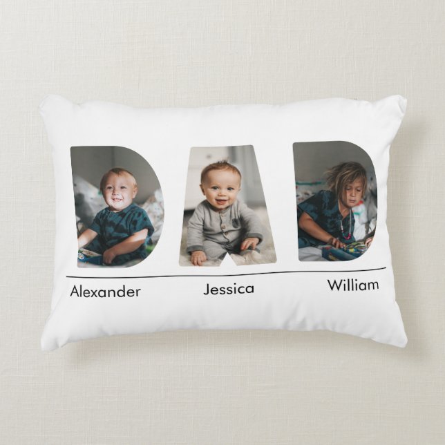Dad with custom 3 kids photo and name accent pillow (Front)