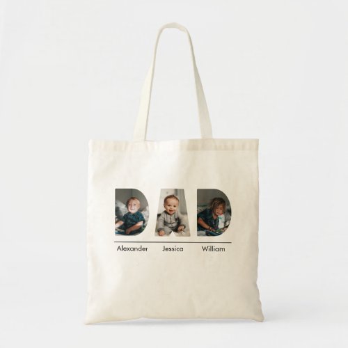 Dad with custom 3 kids photo and name tote bag