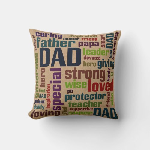 Dad Word Cloud Text Fathers Day Typography Throw Pillow