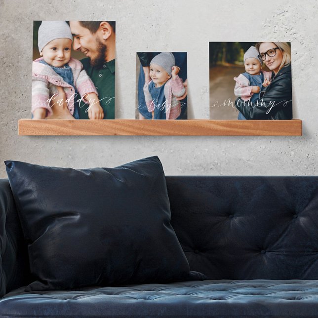 Daddy Baby Mommy Elegant Script Minimal 3 Photo Picture Ledge (Creator Uploaded)