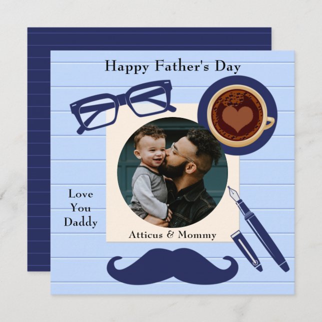 Daddy Blue Mustache Coffee Happy Fathers Day Card (Front/Back)