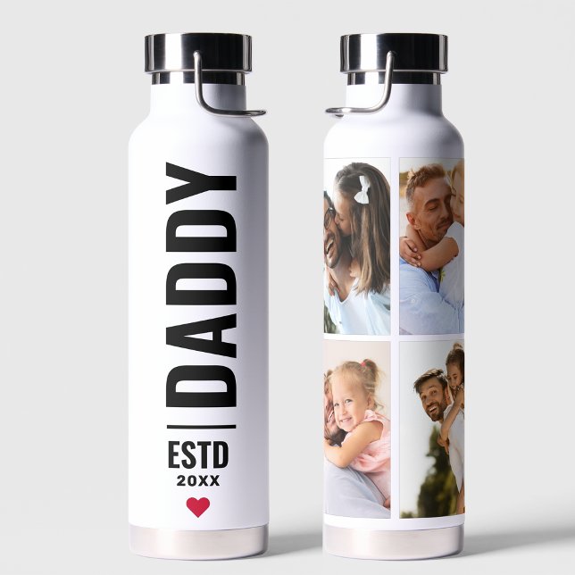 Daddy Established | Custom Date 4 Photo Collage Water Bottle (Creator Uploaded)