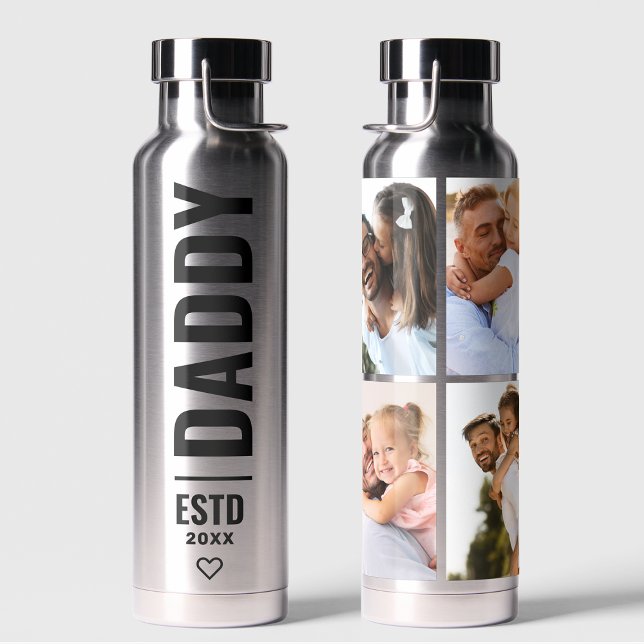 Daddy Established | Custom Date 4 Photo Collage Water Bottle (Creator Uploaded)