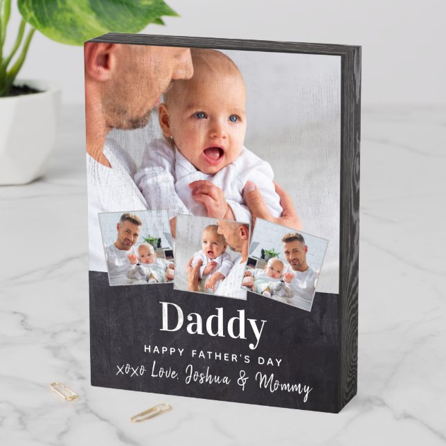 DADDY Father's Day 4 Photo Collage Chalkboard Wooden Box Sign (In Situ Vertical)