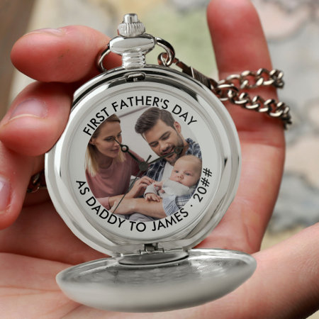 Daddy First Fathers Day Personalized Photo Pocket Watch