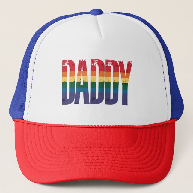 Daddy Gay Pride Month LGBTQ Fathers Day Rainbow Trucker Hat (Front)