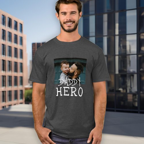 Daddy Hero White Typography Dad Photo Grey T_Shirt