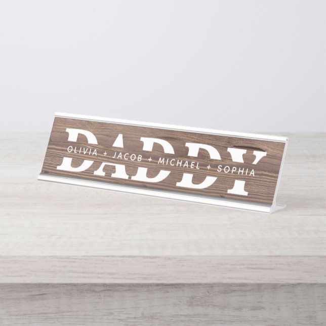 "Daddy" Personalized Kids' Names Wood + White Desk Name Plate (Front)