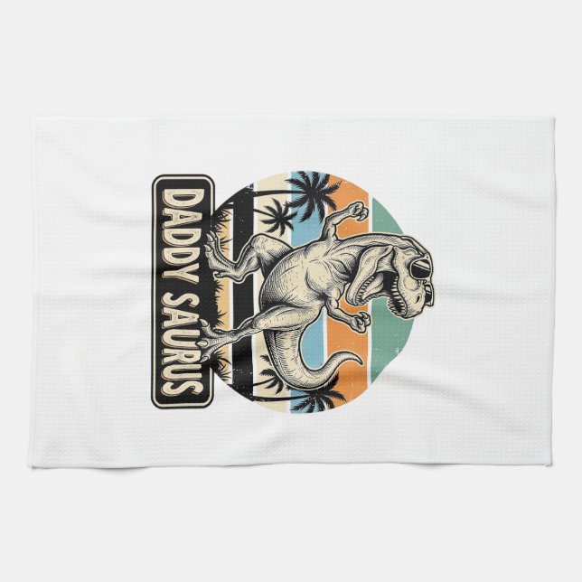 Daddy Saurus Retro Dinosaur Sunset Shirt Design_1 Kitchen Towel (Horizontal)