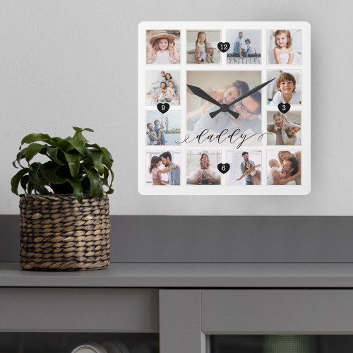 Daddy Script Family Memory Photo Grid Collage Square Wall Clock