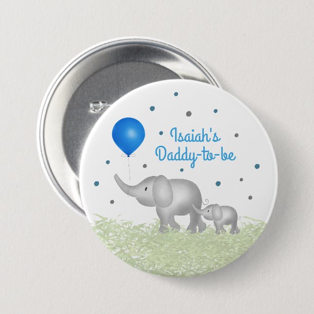 Daddy To Be Elephant Mom & Baby Boy Baby Shower Button (Front & Back)