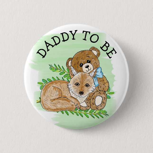 Daddy to be Fox and Teddy Bear Baby Shower  Button (Front)