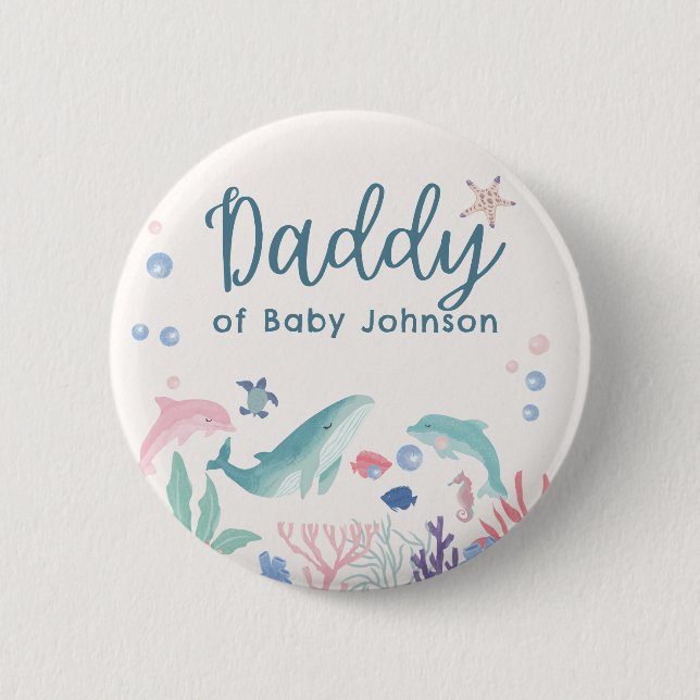 Daddy Watercolor Ocean Baby Shower Button (Front)
