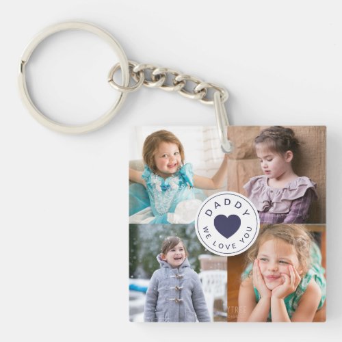Daddy We Love You Blue Heart Kids Photo Collage Keychain