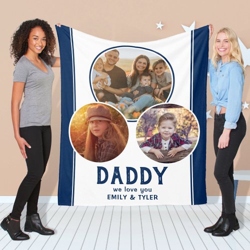 Daddy we love you Navy Blue 3 Photo Fathers Day Fleece Blanket