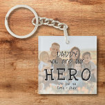 Daddy you are our Hero Full Photo Dad`s Keychain<br><div class="desc">Daddy you are our Hero Full Photo Dad`s Keychain. Text is in simple hand-drawn font that overlays the photo. You can change daddy into dad,  papa,  pap, ...  and add your photo and names. A cute gift and a sweet keepsake for Father`s Day,  birthday or Christmas for dad.</div>