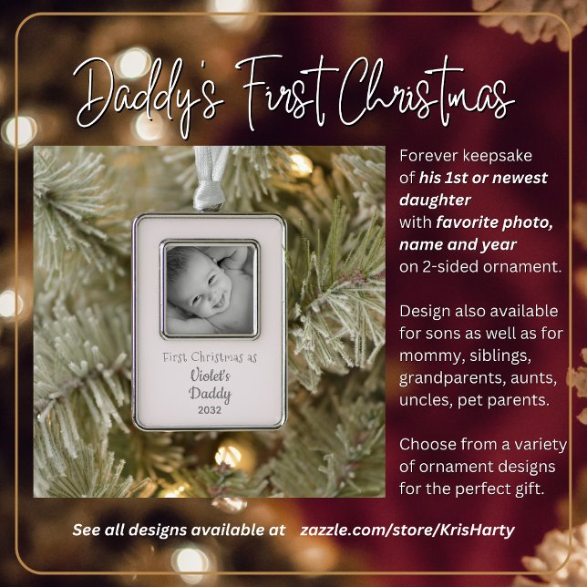 Daddy's 1st Christmas Personalized Name Year Photo Christmas Ornament (First Christmas as Daddy to 1st or newest daughter. Gift him this forever keepsake.)