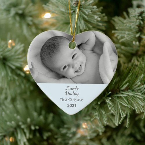 Daddys 1st Christmas Son Personalized Photo Heart Ceramic Ornament