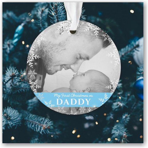 Daddys First Christmas Snowflakes Baby Boy Photo Ornament