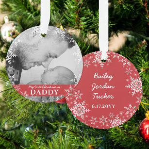 Daddy's First Christmas Snowflakes on Red Photo Ornament