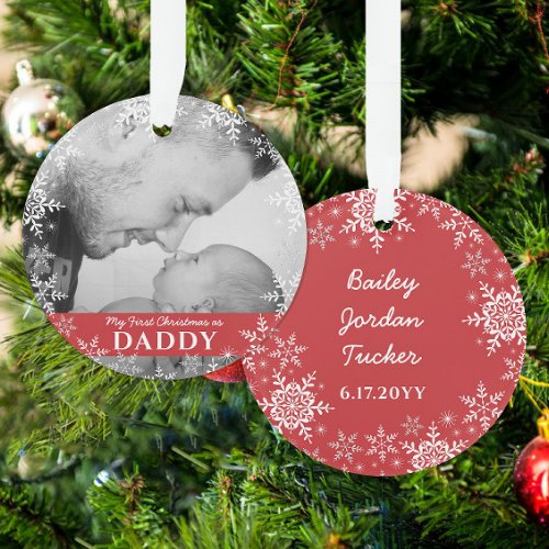 Daddys First Christmas Snowflakes on Red Photo Ornament