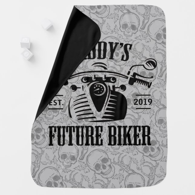 Daddy's Future Biker Motorcycle Skull Personalized Baby Blanket (In Situ)