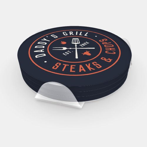 Daddys Grill Personalized Year Established Coaster Set