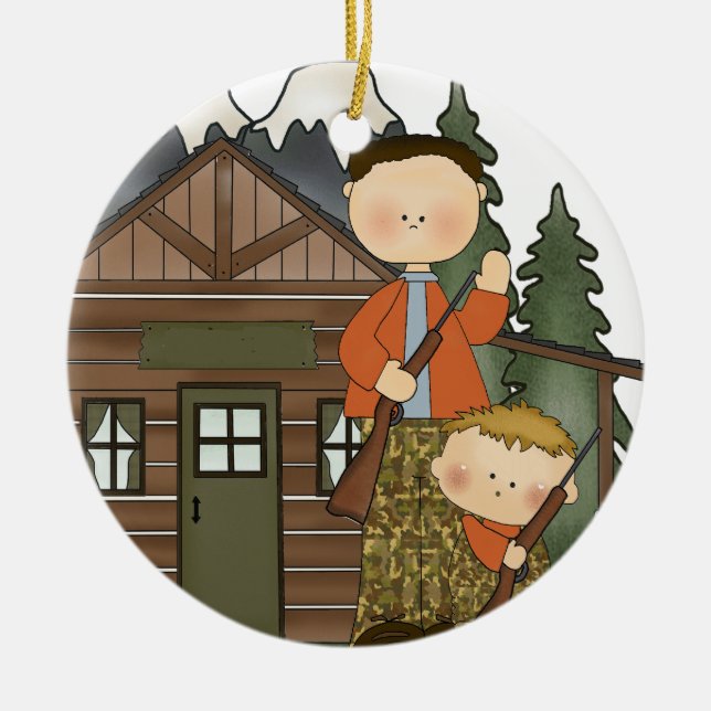 Daddys Little Hunter Rustic Log Cabin Customizable Ceramic Ornament (Front)