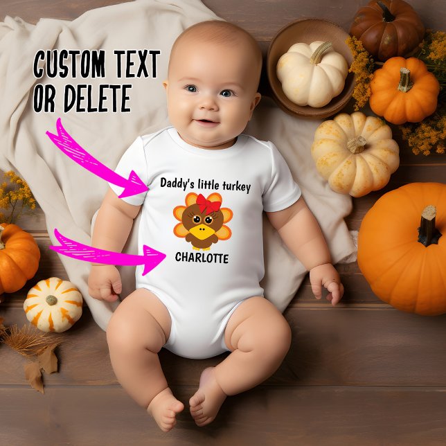 🦃 Daddy's little turkey with any name Baby Bodysuit (Adorable little turkey whit red bow, baby bodysuit,  customizable text)
