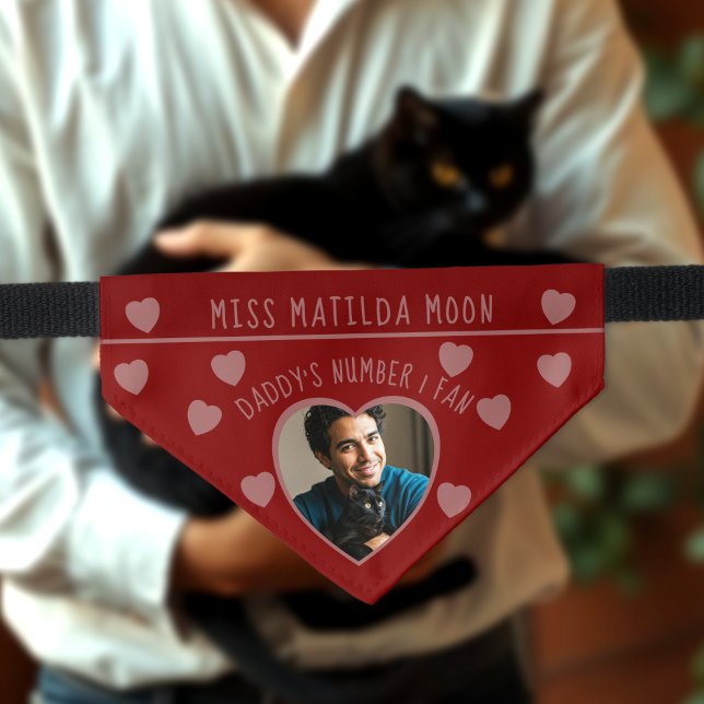 Daddy's No 1 Fan Maroon Heart Pattern Cat Photo Pet Bandana Collar (For the cat who loves their dad. Just add their photo and name)