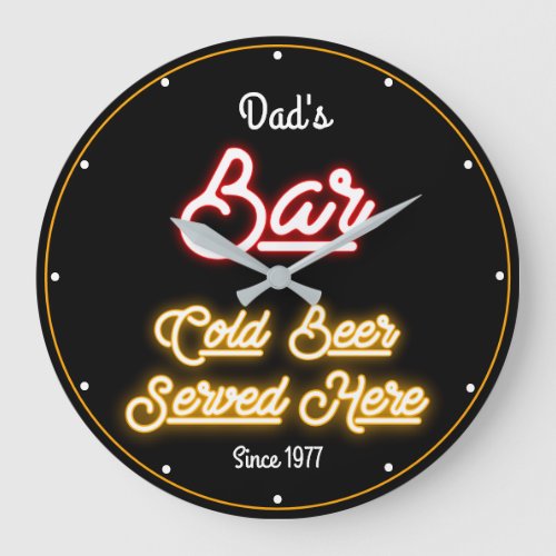 Dads Any Name Retro Faux Red Gold Neon Black Large Clock