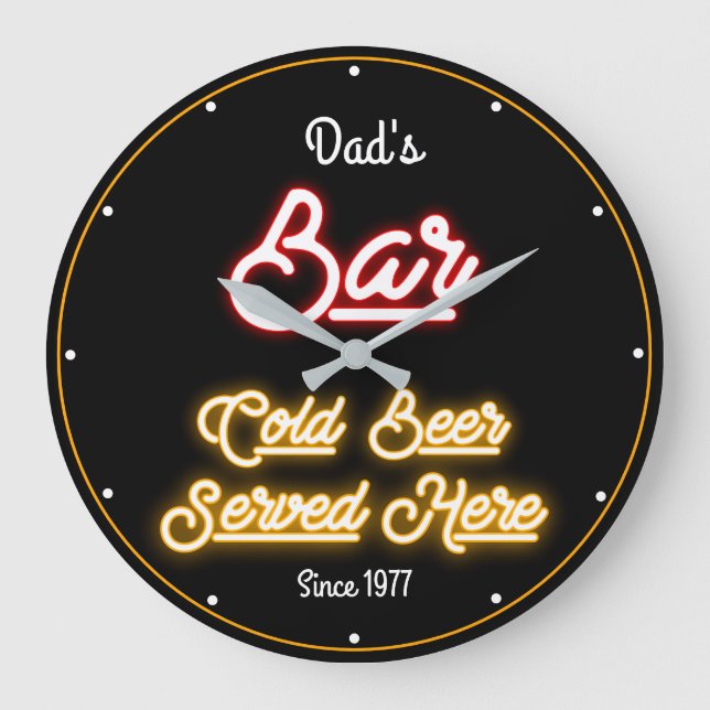 Dad's Any Name Retro Faux Red Gold Neon Black Large Clock (Front)