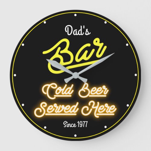 Dads Any Name Retro Faux Yellow Neon Black Large Clock